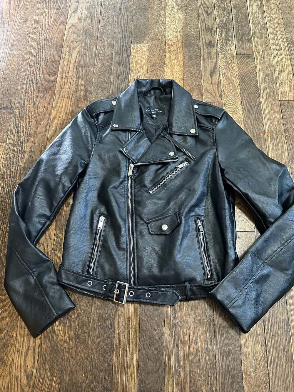 Love Tree Women's Black Faux Leather Moto Biker Jacket with Belt Small